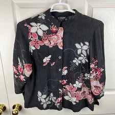 Women's Citron Santa Monica Asian Button Front Black Red Top Large L Silk Tiger