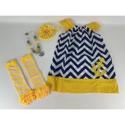 Girls Dress 4/5 Blue Yellow Chevron Necklace Dress Up Party 4 Pc Set New