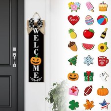 Holiday Interchangeable Welcome Sign for Front Door Wooden Porch Sign with 24...