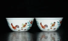 3.3" old antique ming dynasty chenghua mark porcelain a pair chicken pattern cup