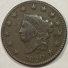 1820 Small Date Coronet Head Large Cent Extremely Fine XF Coin #15160