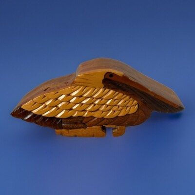 Carved Inlaid Tropical Wood Pelican Puzzle Trinket Box Vintage Beautiful