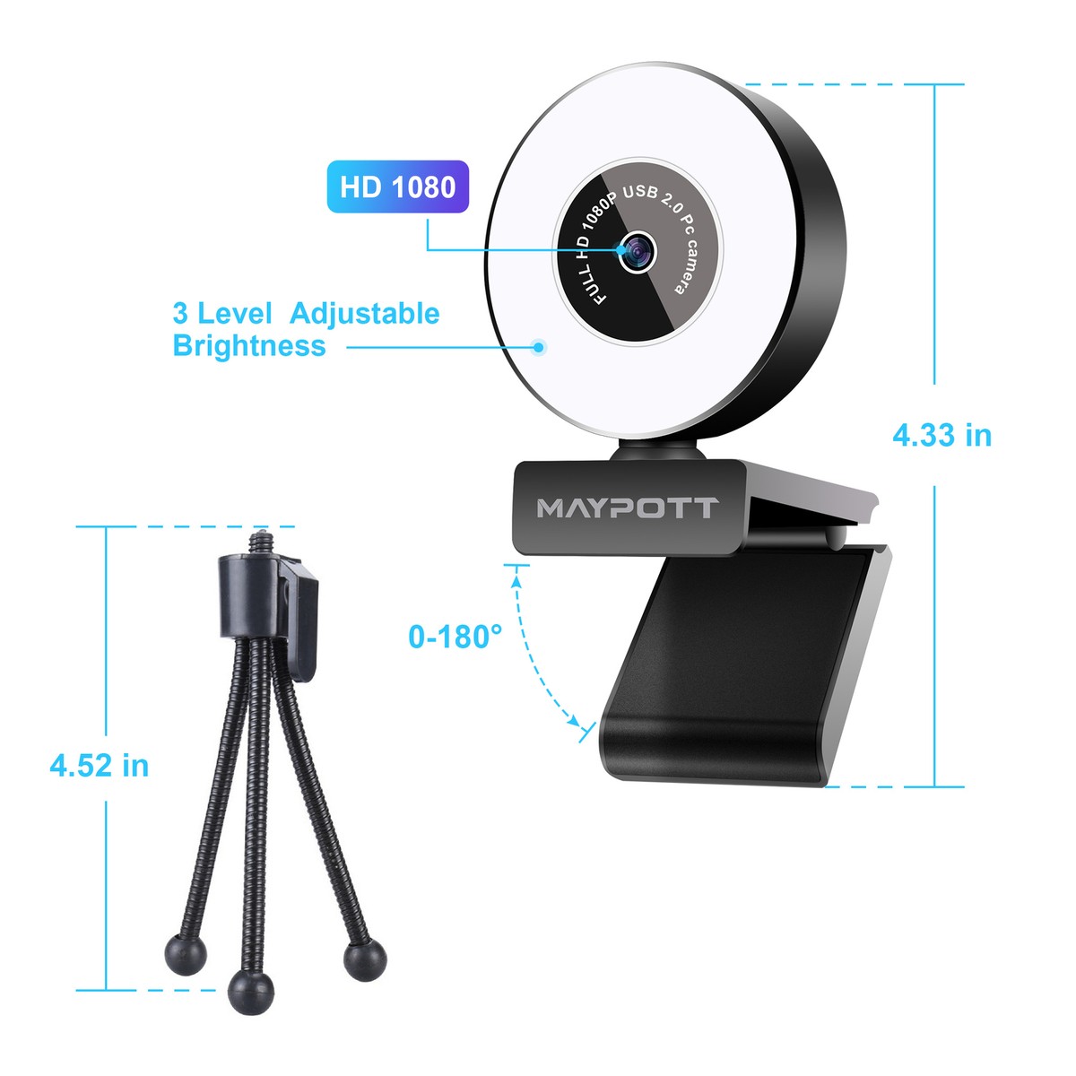 2K HD 1080P Webcam Web Camera w/ Adjustable Ring Light+Tripod