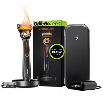Gillette Heated Razor Men Deluxe Travel Shave Kit 1 Handle 2 Refills Blade Dock