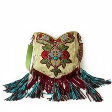 Boho Embroidered Leather Shoulder Bag with Turquoise Stone & Fringe – Limited