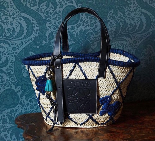 LOEWE William De Morgan Animal Basket Tote Bag Raffia Calf Leather Blue Women
