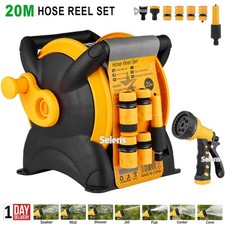 20M GARDEN HOSE PIPE REEL & SPRAY GUN COMPACT FITTINGS SET STANDING WALL MOUNTED