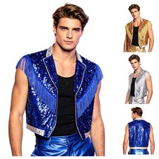 US Men Waistcoat Tank Top Themed Party Shiny Sparkling Vest Open Front Halloween