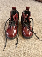 Kids Burgundy Patent Leather Ankle Boots Lace-Up Side Zip Round Toe EU 21