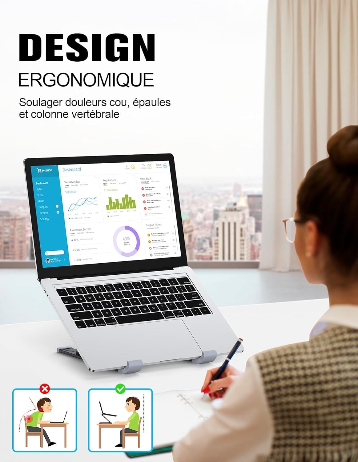 Support ordinateur PC réglable noir avec inclinaison multiposition et ventilation - 3