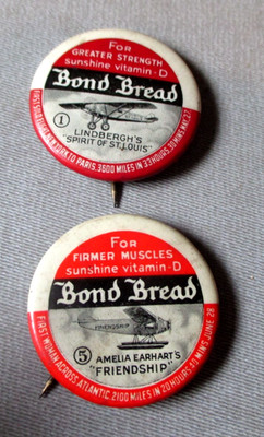 1930'S BOND BREAD- ADVERTISING PINBACK- AVIATION- LINDBERGH & AMELIA EARHART-EXC