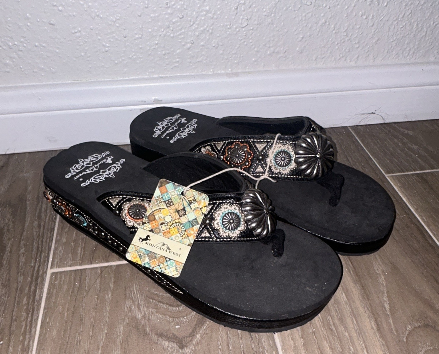 Montana West Women’s Black Southwestern Geometric Thong Wedge Sandals 11
