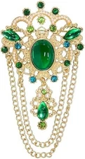 Dainty Emerald Green CZ Tassel Drop Brooch Lapel Pins for Women Vintage Antique