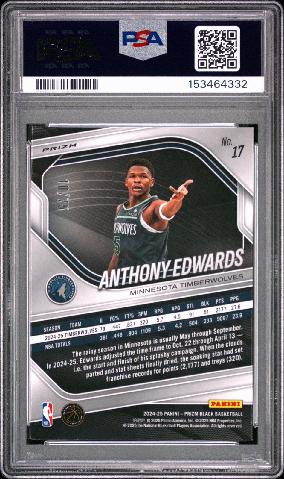 2024-25 Panini Prizm Black Red Power Prizm #/75 Anthony Edwards #17 PSA 10 view 2