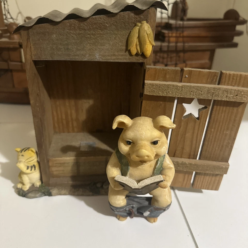 Retro pig on Dunny toilet,wooden stall , ceramic? decor -reading hog pig rustic - image 3 of 4