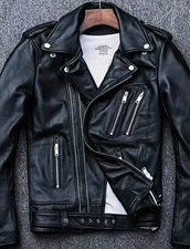 Men  s Black Leather Biker Jacket L Lined Zip/Button Front Notch Collar Short