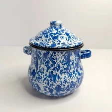 Vintage Blue & White w/ Black Trim Enamel Splatter Granite Ware Sugar Bowl +Lid