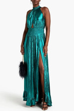 Retrofete Maxi Dress Carly Shirred Metallic Party Evening Cut-Out Gown L UK12 14