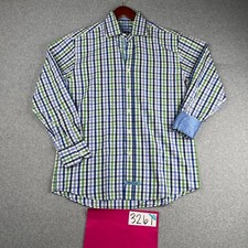 English Laundry Shirt 16 Blue Green Gingham Flip Cuff Button Up Long Sleeve Mens