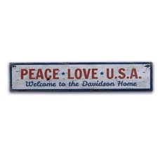 Peace Love USA Rustic Distressed Sign, Personalized Wood Sign