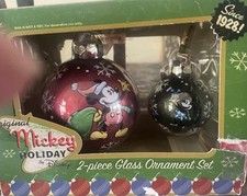 NWT Disney Mickey Mouse Holiday two piece glass Christmas Ornaments