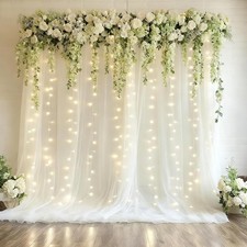 10x10ft Ivory Tulle Backdrop Curtain with Lights String for Parites Sheer Photo