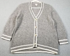 a new day Cardigan Sweater Women’s Small S Gray White Trim ¾ Sleeve Preppy Fuzzy