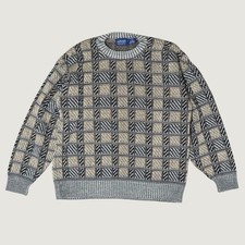 Vintage 90s Grandpa Sweater Crewneck Munsingwear Grid Geometric Grey Medium