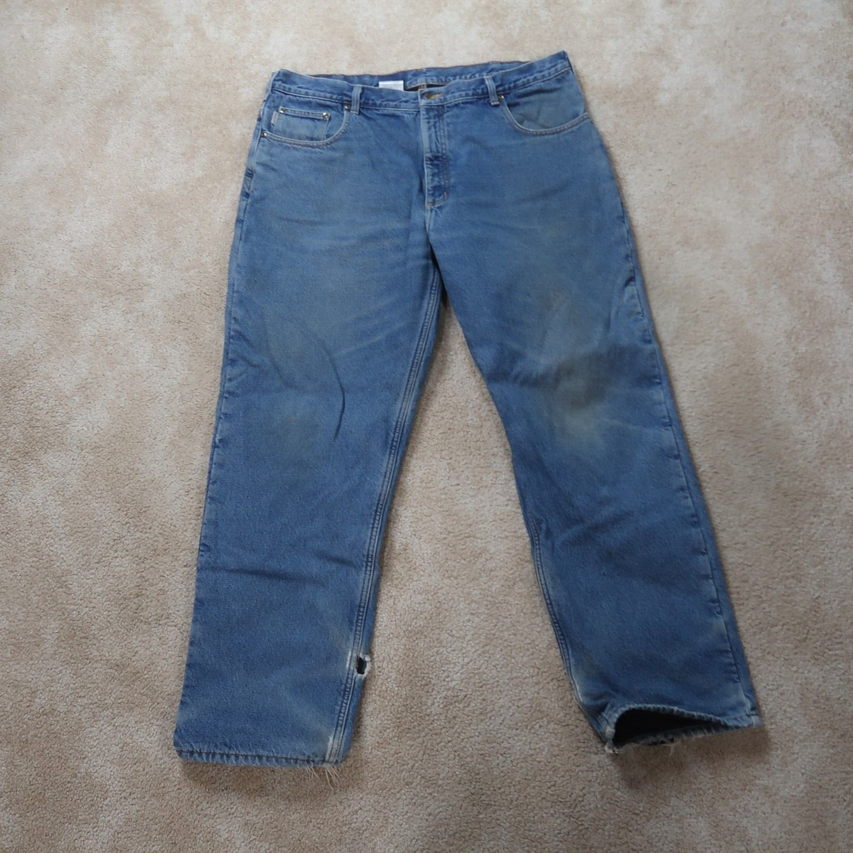 Carhartt Fleece Lined Jeans Men 42x32 Distressed Blue Denim B155