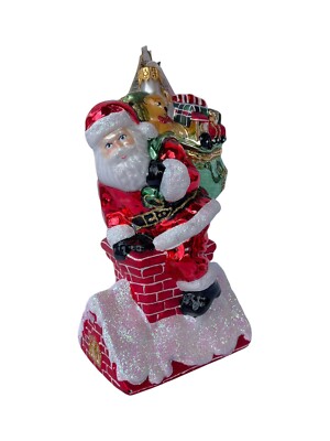 NWT Neiman Marcus 2022  Santa Going Down Chimney Glass Ornament Made In Poland
