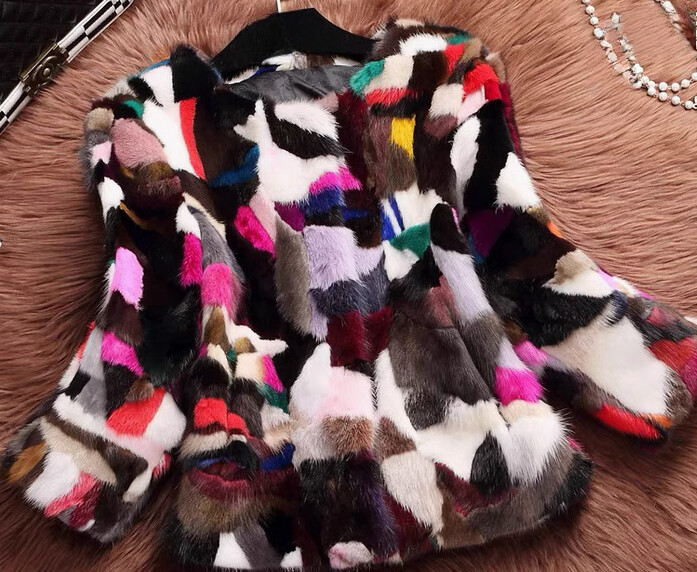 Women 100% Real Genuine Mink Fur Coat Colorful Multi-Color Jacket Outwear Short