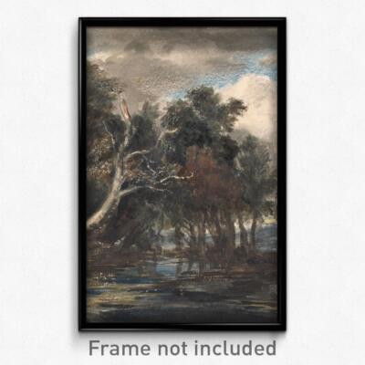 Trees by a River, Cloudy Sky Print 11x17 Art Poster