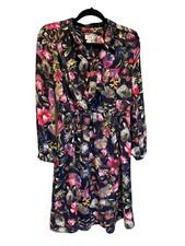 J. Crew Navy Blue Floral Print Flouncy Hem Long Sleeve Crew Neck Dress Small