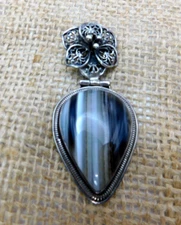VTG Sterling Silver 925  Natural Striped Agate Slide Pendant 19.3g