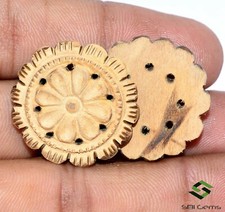 11.76 CTS Wooden Handmade Carving Pair 25x25 mm Antique Flower Shape Carvings