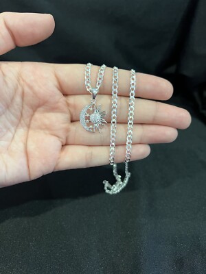 925 Sterling Silver Women Sun Moon CZ Eclipse Star Pendant & Curb Chain 22 26 30