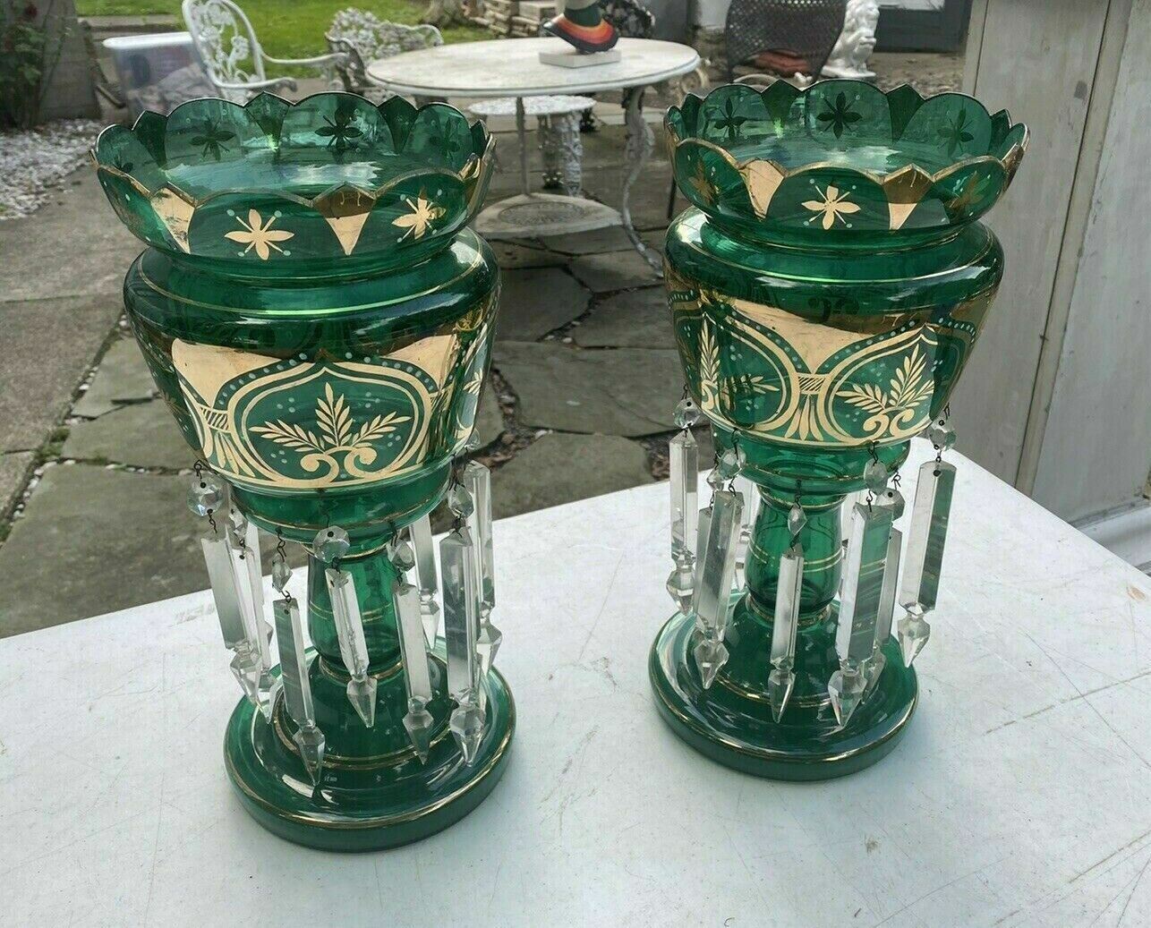 PAIR OF ANTIQUE VICTORIAN ART GLASS MANTLE LUSTERS EMERALD GREEN & GILT