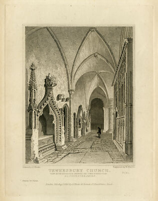 Antiker Druck - Innenraum der Tewkesbury Kirche in Gloucestershire - Neale - Wallis - 1826