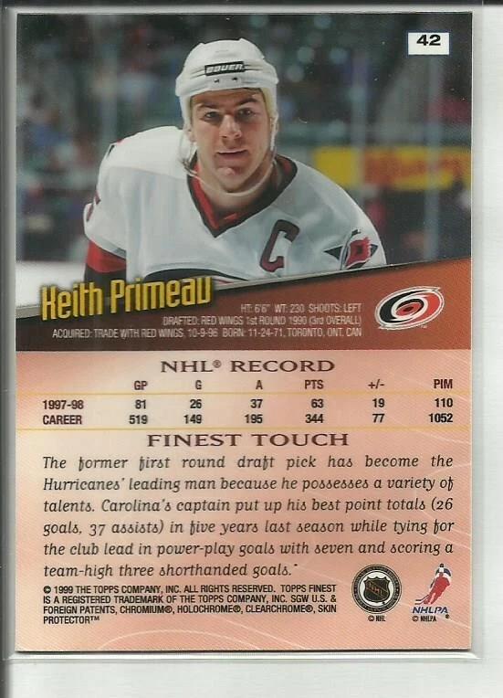 1998-99 Topps Finest #42 Keith Primeau Carolina Hurricanes - Image 2 of 2