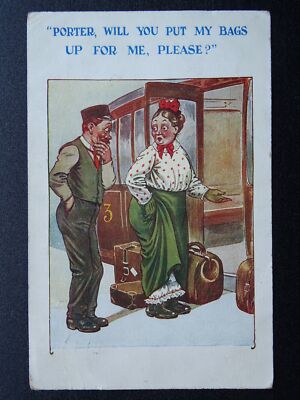 Zugmotiv PORTIER LEGST DU BITTE MEINE TASCHEN FÜR MICH AUF? Comic Postkarte um 1920