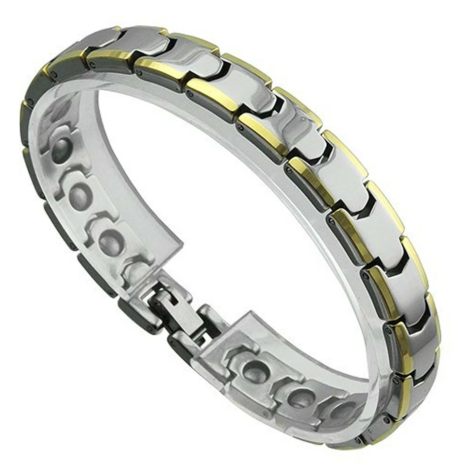 Brazalete de terapia magnética de tungsteno dorado minimalista para mujer 9 mm de ancho 7 1/2 pulgadas de largo Foto 3 de 4