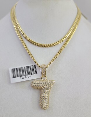 10K Solid Gold Miami Cuban Chain 2.5mm Number 7 Seven Charm SET 18''-24'' Pendant