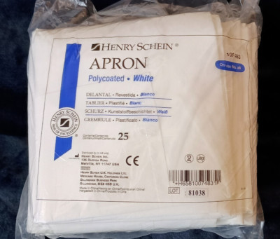 Henry Schein White Polycoated Latex Free Full Length Dental Apron Pack of 25