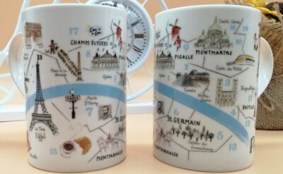 Set of 2 Porcelain Paris Mugs featuring 20 famous sights by Alice Tait