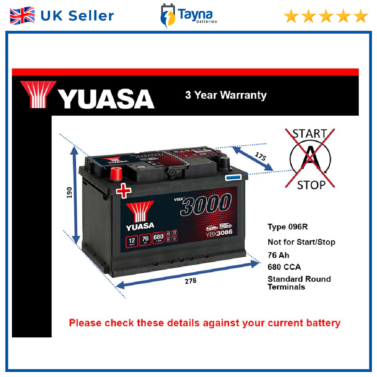 Car Battery YBX3086 Yuasa 096R 680A 76Ah 3Yr Warranty 278x175x190 SMF