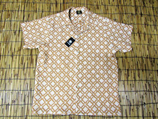 Japanese Antique Silk Kimono Aloha Shirt Men's S Camel Brown Geometric