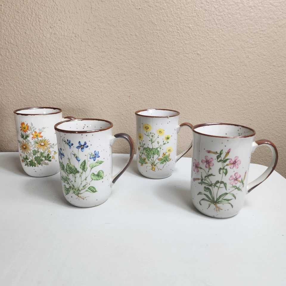 Tazas de café Takahashi (juego de 8) de gres moteado diseños de flores silvestres de colección años 70 Foto 3 de 4
