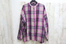 Ichi Antiquites Tartan Check Collarless Stand Collar Linen Shirt Pink Beige Used