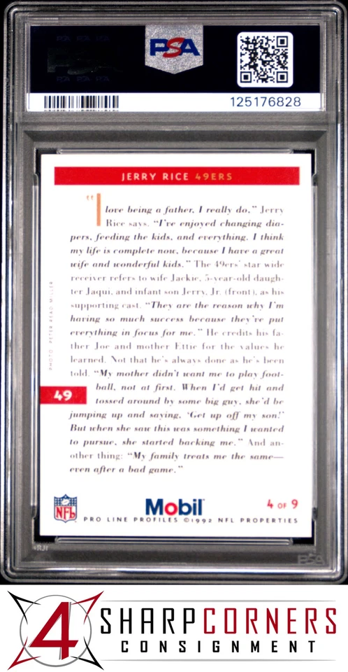 1992 PRO LINE MOBIL #49 JERRY RICE 49ERS HOF POP 3 PSA 10 - Image 2 of 3