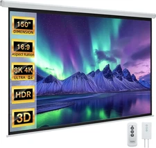 150" Projector Screen Motorized 16:9 4K HD Pull down Retractable Screen